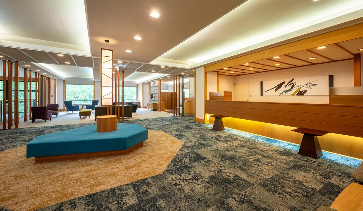 A lobby lounge with impressive chairs inspired by blue ponds